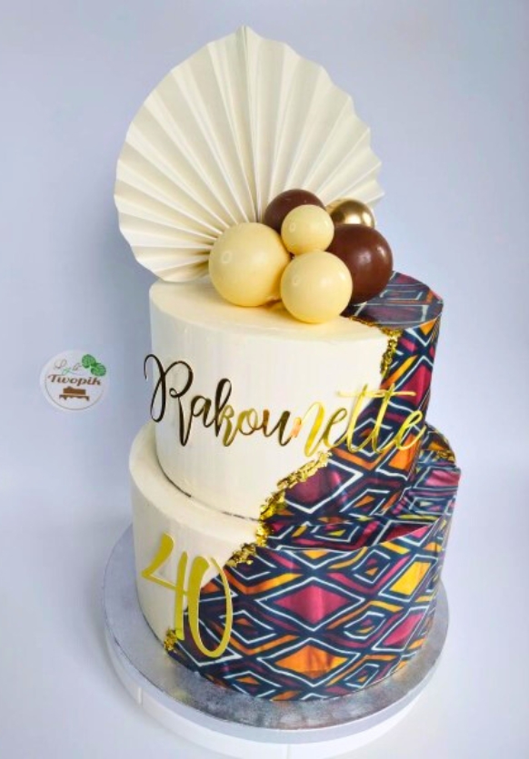 Gâteau Afro chic bogolan blanc doré boule cake desin mariage anniversaire Lyli Twopik Yvelines